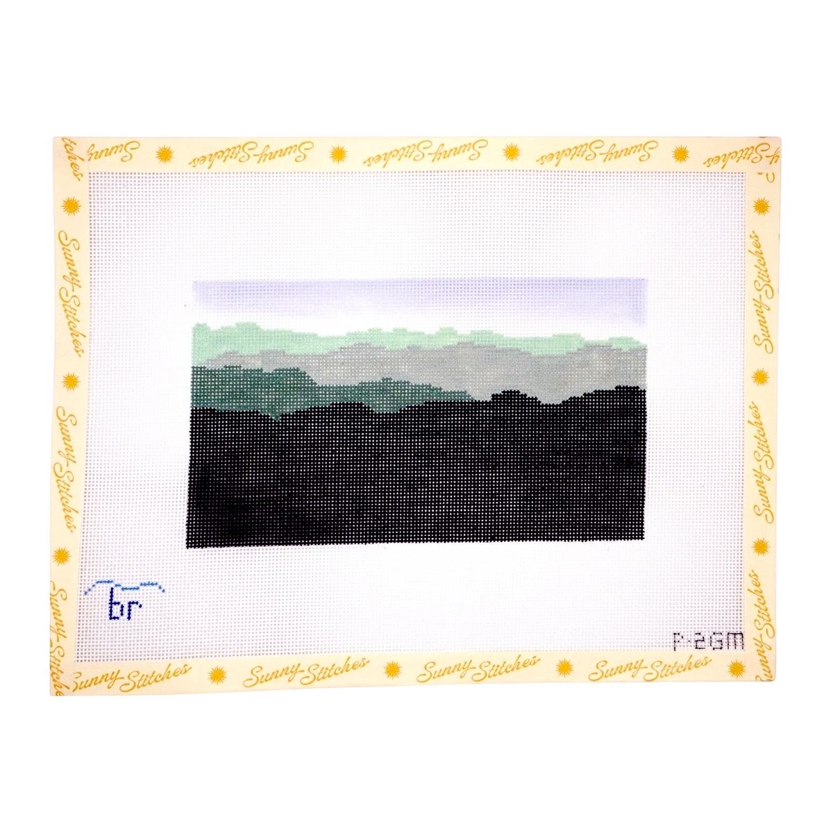 A square cross-stitch patternfeaturing a landscape design with black hills, green trees, and a light purple sky, surrounded by a decorative border printed with 'Sunny Stitches' and a small 'br' logo.