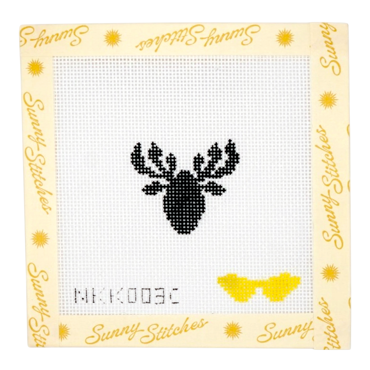 A square cross-stitch sampler card by Sunny Stitches featuring a black moose head motif on white Aida cloth, with yellow sunglasses and the code NKK003C. The card is framed by a pale yellow border printed with 'Sunny Stitches' in gold script and sun icons.