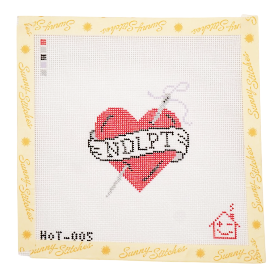 A counted cross-stitch canvas with a white mesh background, featuring a red heart with a banner reading 'NDLPT' in black and white stitching. The canvas is framed by a cream border printed with 'Sunny Stitches' in yellow script, with the style code 'HoT-005' in the bottom left corner.