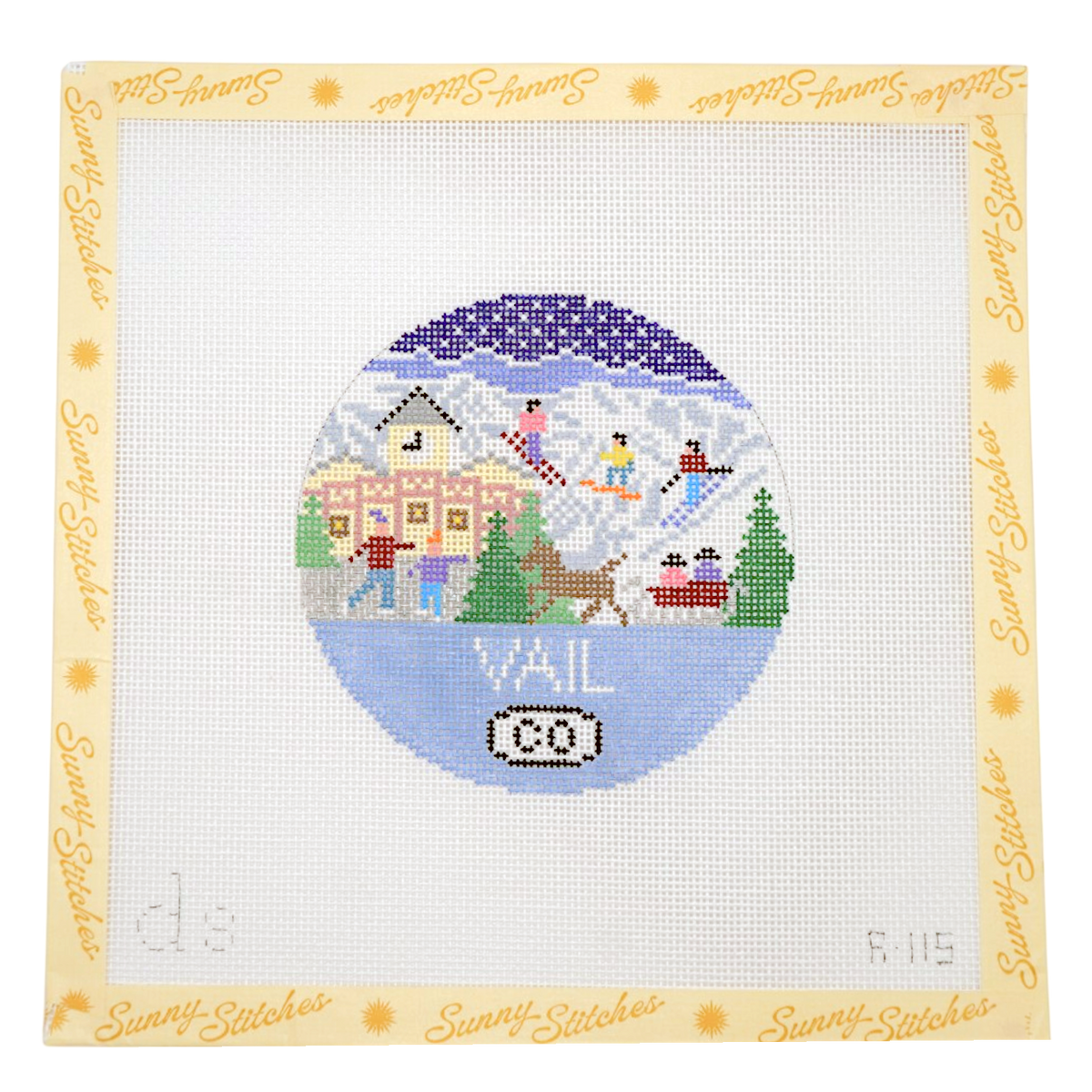 A square canvas needlepoint design by Sunny Stitches featuring a winter village scene with skiers, houses, trees, and the text 'VAIL CO.' inside a circular motif, surrounded by a cream border printed with 'Sunny Stitches.