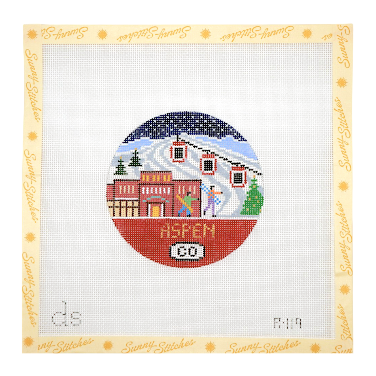 A square cross-stitch canvas featuring a circular winter mountain scene with ski lifts, buildings, trees, and the text 'ASPEN CO'. The design is centered on white needlepoint canvas with a decorative cream border printed with 'Sunny-Stitches' branding.