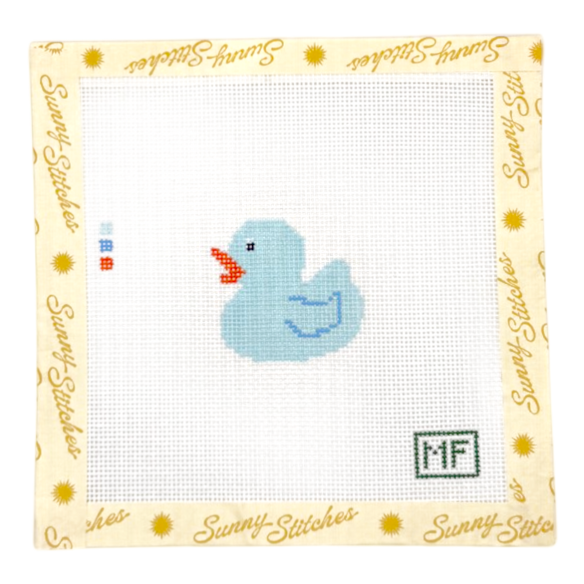 A square needlepoint canvas featuring a light blue rubber duck with a red beak on a white grid background, surrounded by a cream border printed with 'Sunny Stitches' in gold script and sun motifs.