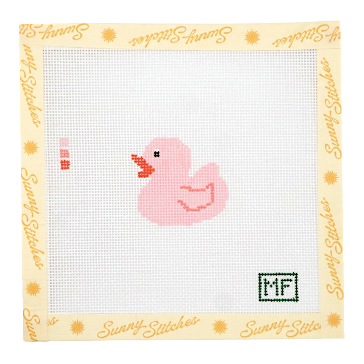 A square cross-stitch canvas featuring a pink rubber duck with an orange beak, bordered by a pale yellow frame printed with 'Sunny Stitches' and sun motifs. The brand monogram 'MF' is stitched in the bottom right corner.