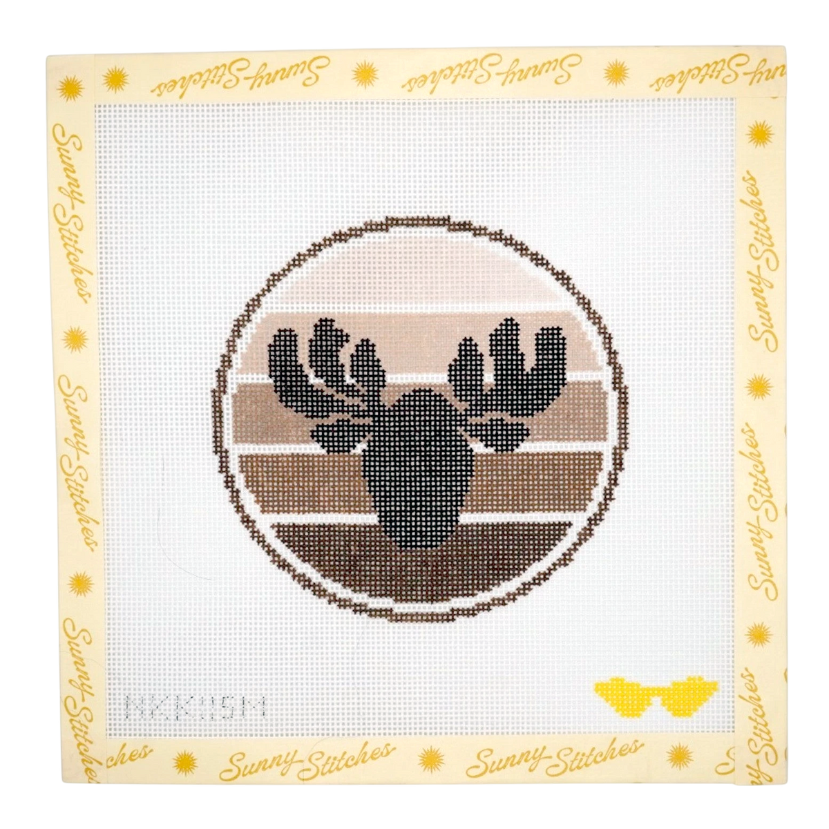 A square needlepoint canvas featuring a circular moose head design in black, brown, and beige tones, surrounded by a cream border printed with the brand name 'Sunny Stitches'.