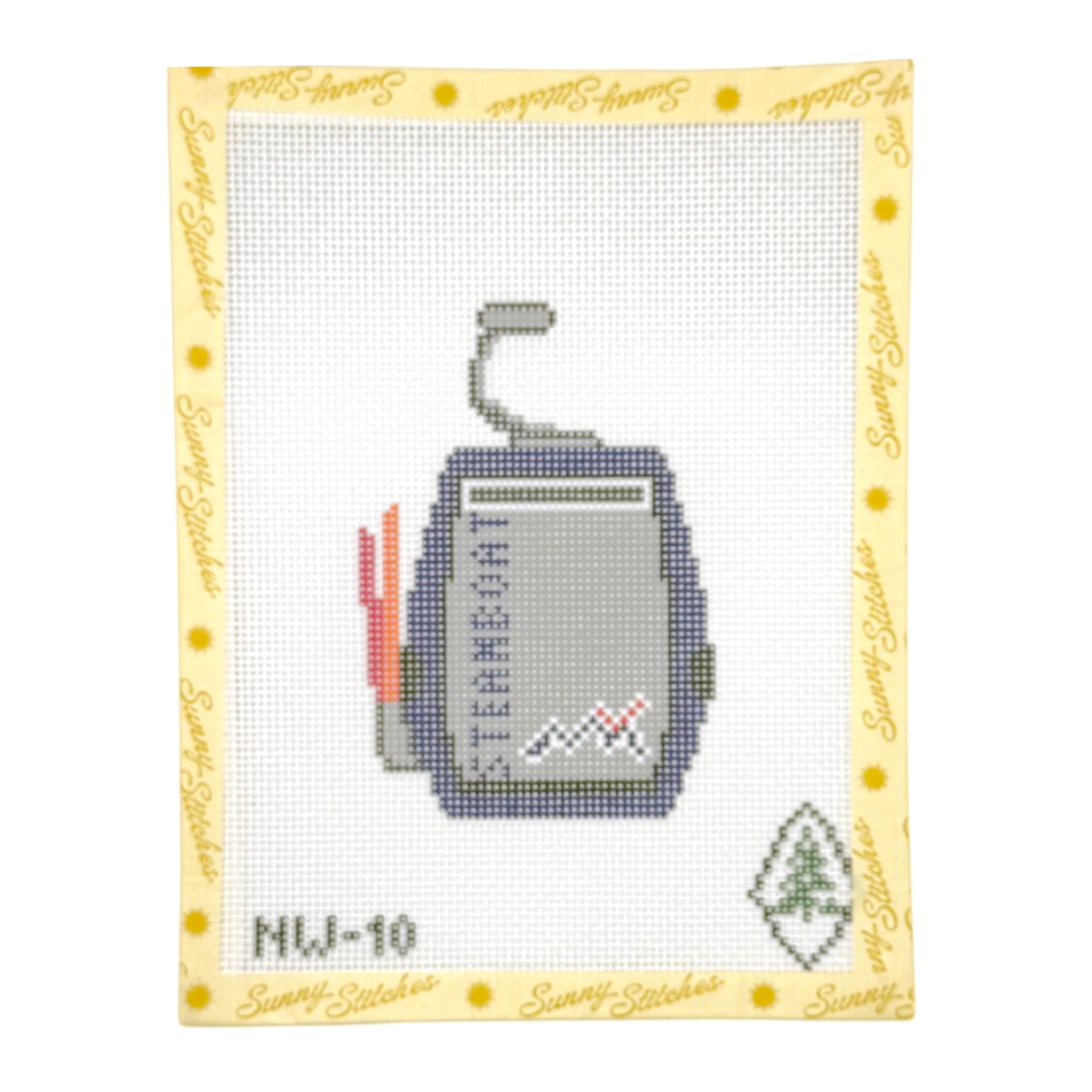 A counted needlepoint canvas featuring a gray gondola with skis that says Steamboat, with a yellow border printed with the brand name 'Sunny Stitches' and the model number 'NW-10'.