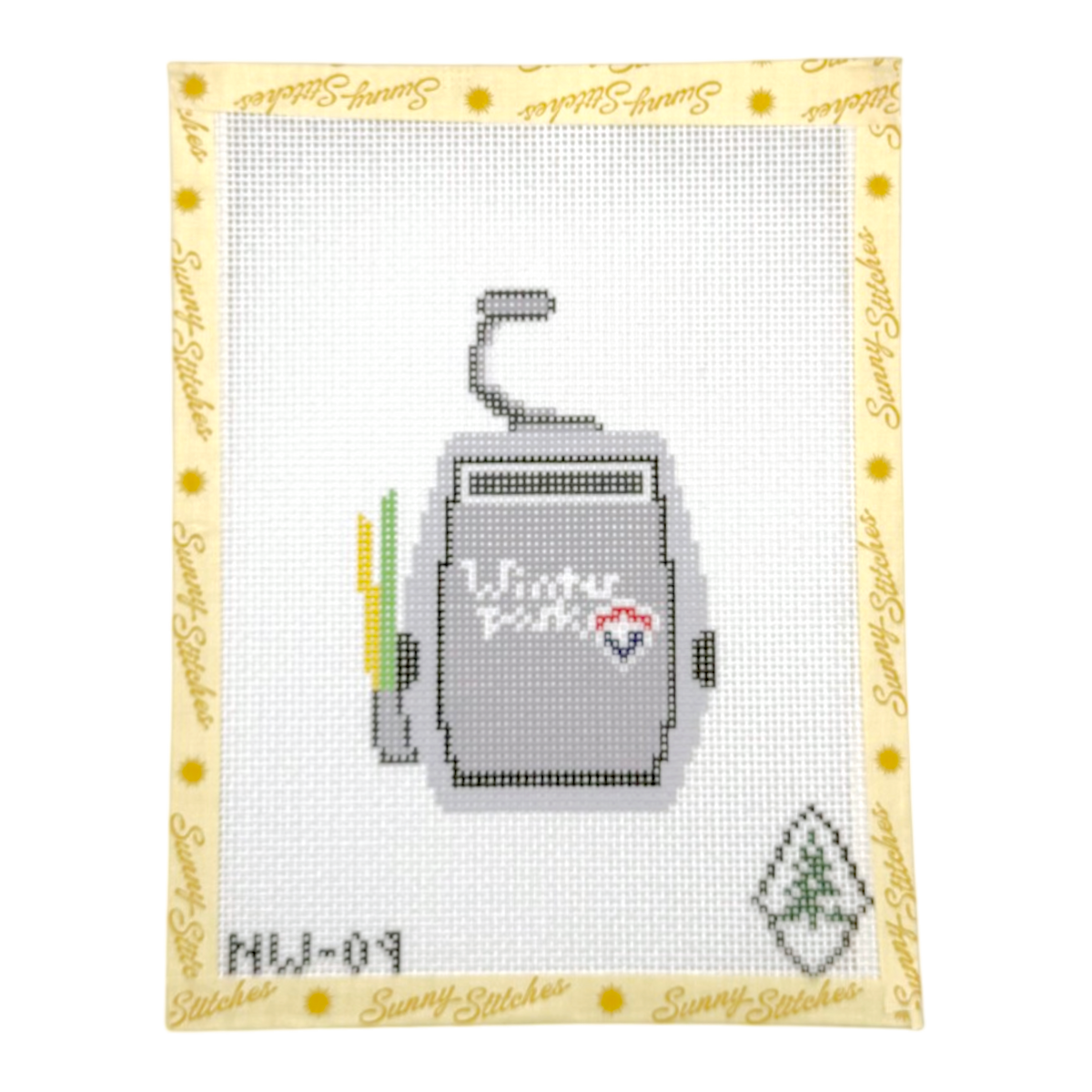A needlepoint canvas from Sunny Stitches featuring a pixelated gray gondola with 'Winter Park' and a heart, surrounded by a yellow border with the Sunny Stitches brand name.
